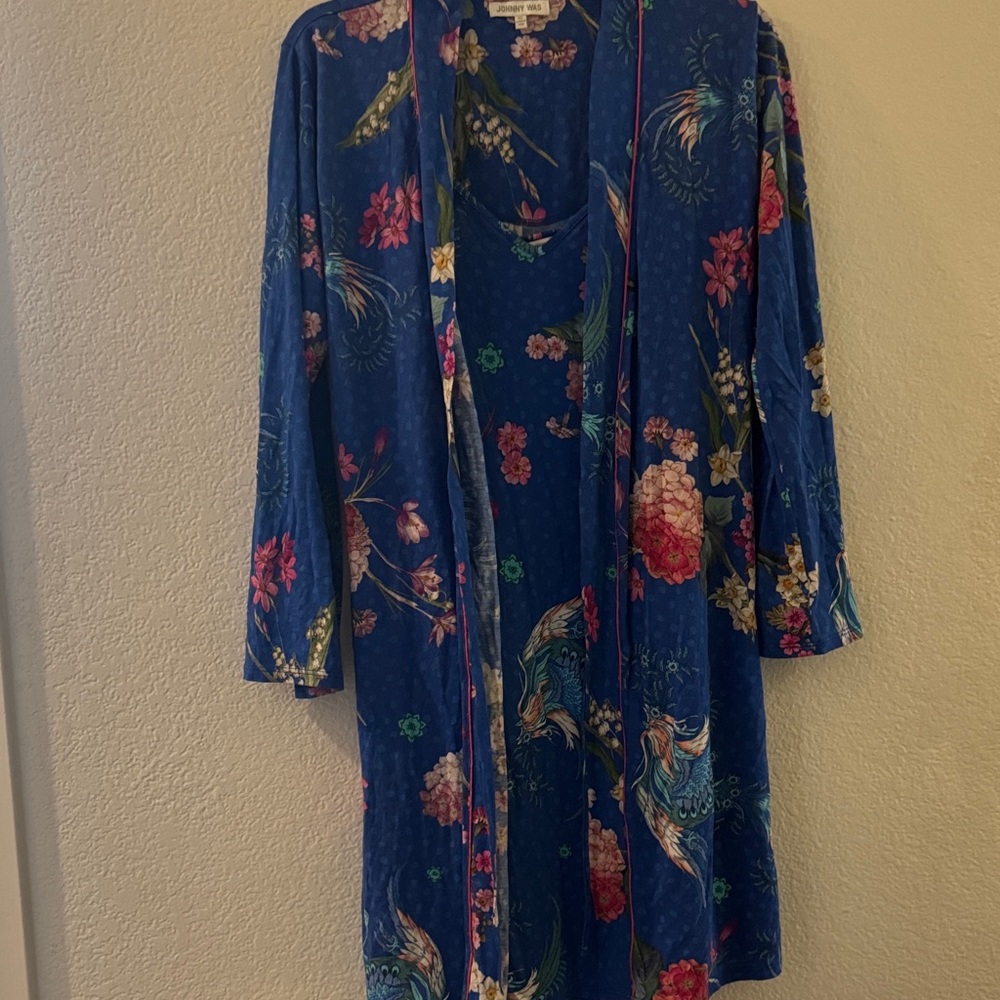Johnny Was Floral Blue Kimono Robe & Matching Slip chemise